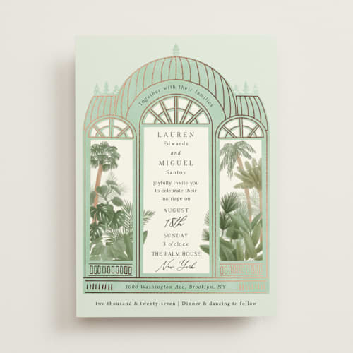 This is a mint foil stamped wedding invitations with foil pressed by Elly called the greenhouse printing on signature in standard
