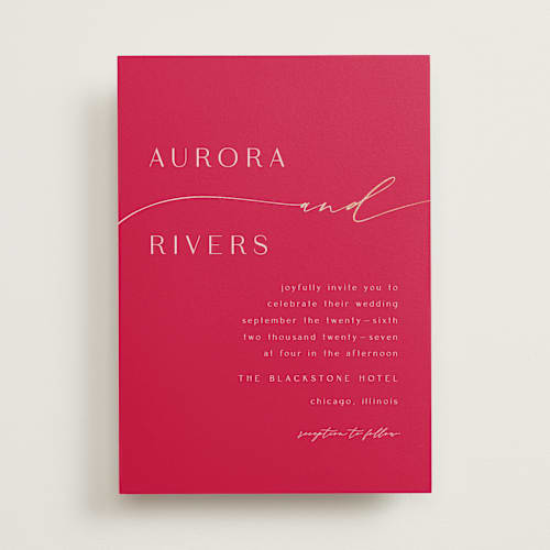 This is a magenta foil stamped wedding invitations with foil pressed by Olivia Raufman called gathering printing on signature in standard