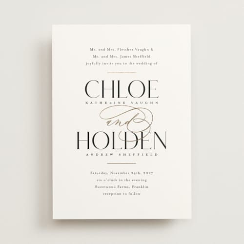 This is a sugar foil stamped wedding invitations with foil pressed by Jessica Williams called idyllic printing on signature in standard