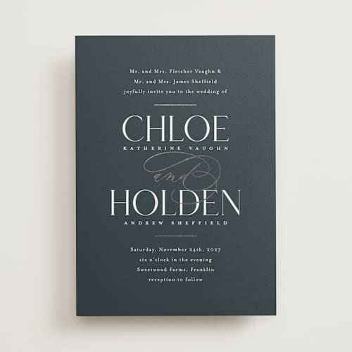 This is a navy foil stamped wedding invitations with foil pressed by Jessica Williams called idyllic printing on signature in standard