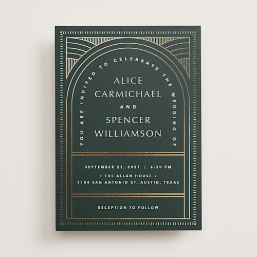 This is a fir foil stamped wedding invitations with foil pressed by Kindred Fields called deco arch printing on signature in standard