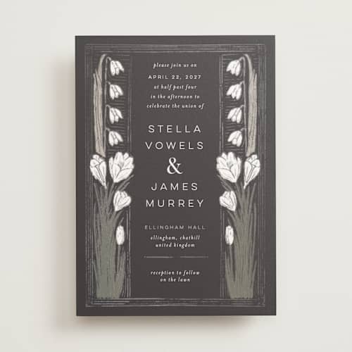 This is a midnight foil stamped wedding invitations with foil pressed by Shiny Penny Studio called deco spring florals printing on signature in standard