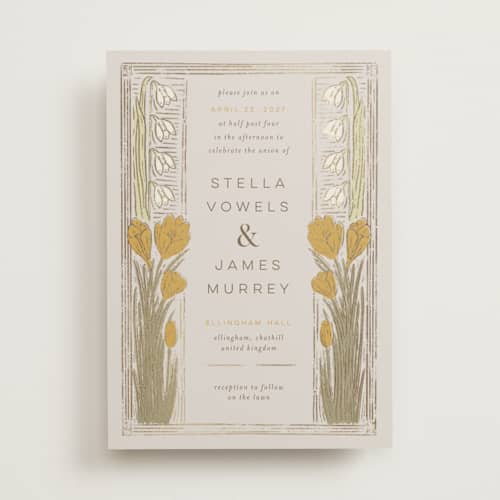 This is a dandelion foil stamped wedding invitations with foil pressed by Shiny Penny Studio called deco spring florals printing on signature in standard