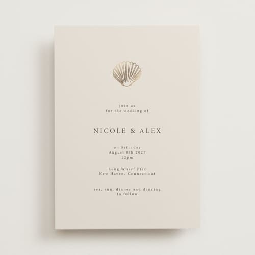 This is a sand foil stamped wedding invitations with foil pressed by Hannah Bowman called simple seashell printing on signature in standard