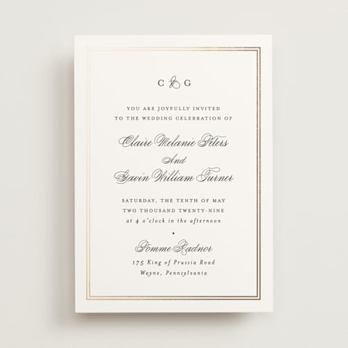 This is a tuxedo foil stamped wedding invitations with foil pressed by Carolyn MacLaren called timeless together printing on signature in standard