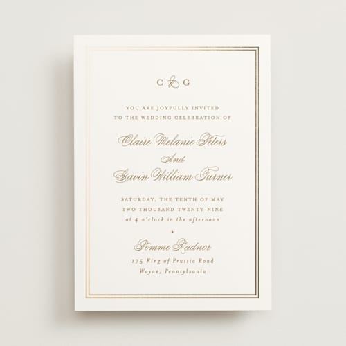 This is a champagne foil stamped wedding invitations with foil pressed by Carolyn MacLaren called timeless together printing on signature in standard