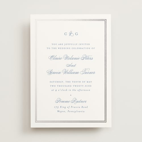 This is a french blue foil stamped wedding invitations with foil pressed by Carolyn MacLaren called timeless together printing on signature in standard