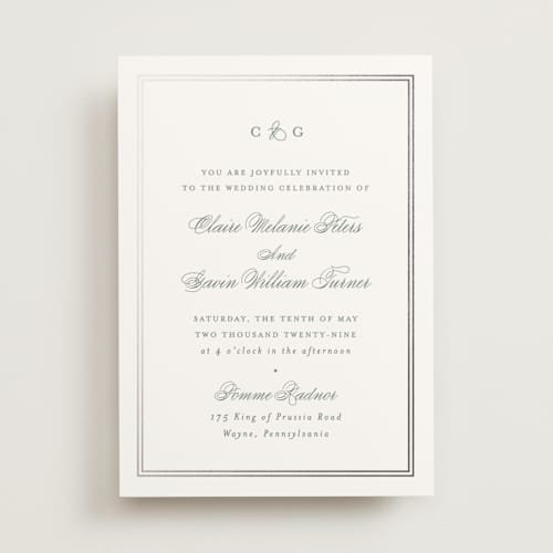 This is a sage foil stamped wedding invitations with foil pressed by Carolyn MacLaren called timeless together printing on signature in standard