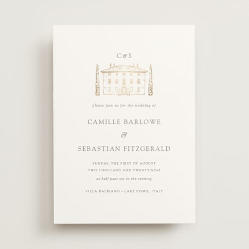 This is a graphite foil stamped wedding invitations with foil pressed by Melinda Denison called villa balbiano printing on signature in standard