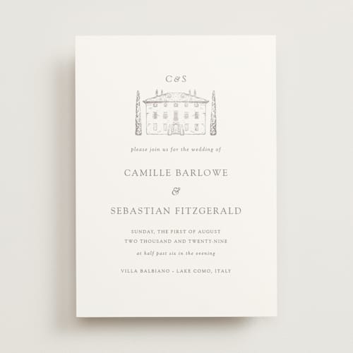 This is a graphite foil stamped wedding invitations with foil pressed by Melinda Denison called villa balbiano printing on signature in standard