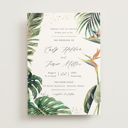 This is a tropical foil stamped wedding invitations with foil pressed by Elly called our paradise printing on signature in standard