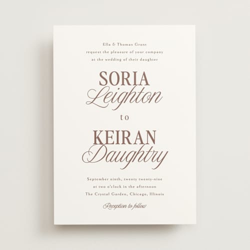 This is a nude wedding invitations with standard by Melanie Kosuge called soria printing on signature in standard