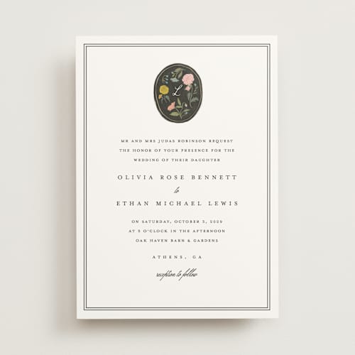 This is a swan wedding invitations with standard by Lori Wemple called botanical cameo printing on signature in standard