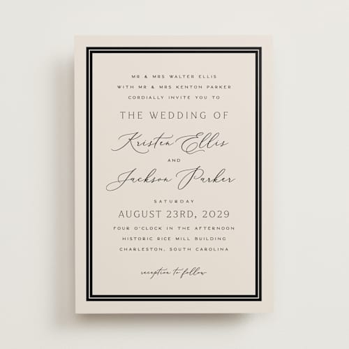 This is a black tie wedding invitations with standard by Hooray Creative called twin border printing on signature in standard