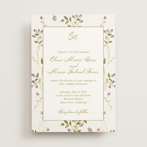 This is a cream wedding invitations with standard by Nicole Dragomir called wild berry watercolor printing on signature in standard