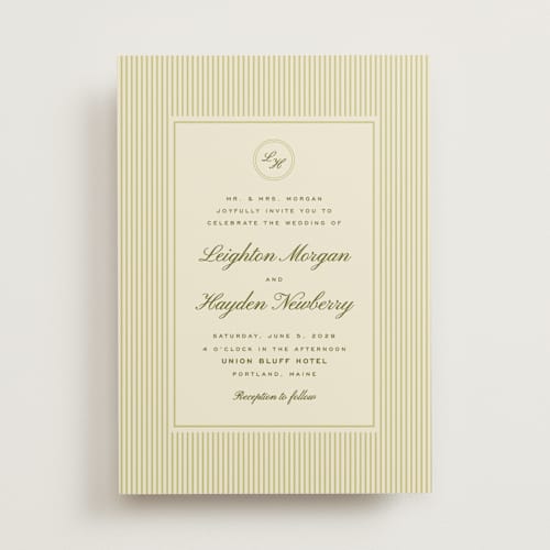 This is a olive wedding invitations with standard by Ellen Schlegelmilch called hayden printing on signature in standard
