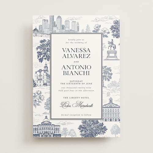 This is a marine wedding invitations with standard by Jenna Holcomb called boston toile printing on signature in standard