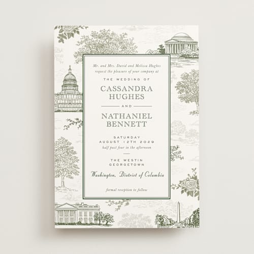 This is a olive wedding invitations with standard by Jenna Holcomb called washington dc toile printing on signature in standard