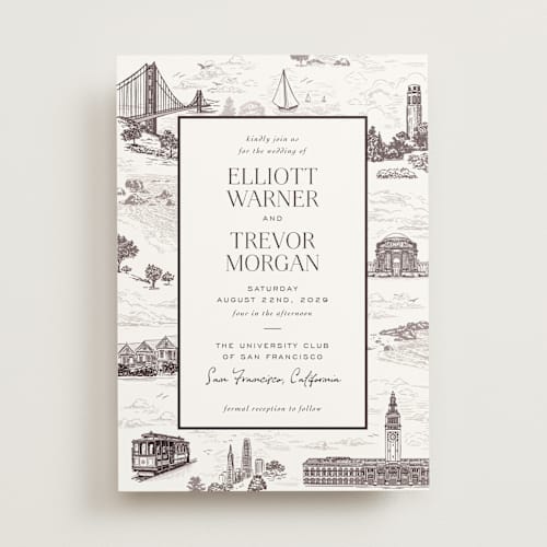 This is a espresso wedding invitations with standard by Jenna Holcomb called san francisco toile printing on signature in standard