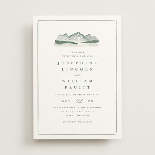 This is a pine wedding invitations with standard by Amy Kross called mountain ridge printing on signature in standard