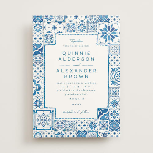 This is a navy wedding invitations with standard by Anastasia Makarova called watercolor tile printing on signature in standard