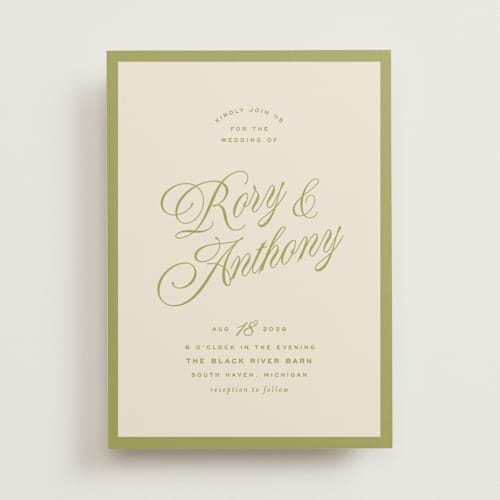 This is a olive wedding invitations with standard by Ellen Schlegelmilch called rory printing on signature in standard
