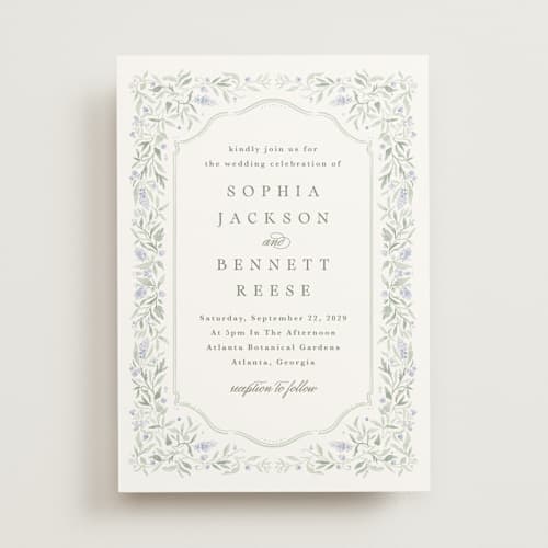 This is a periwinkle wedding invitations with standard by Kristen Smith called delicate vines printing on signature in standard