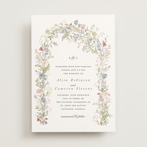 This is a sage wedding invitations with standard by Lori Wemple called flowering arch printing on signature in standard