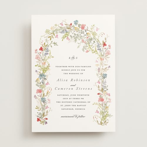 This is a berry wedding invitations with standard by Lori Wemple called flowering arch printing on signature in standard