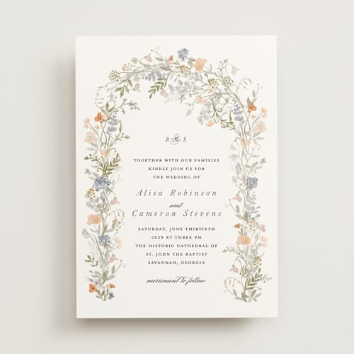 This is a peach wedding invitations with standard by Lori Wemple called flowering arch printing on signature in standard