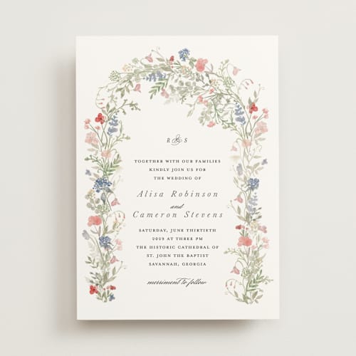 This is a coral wedding invitations with standard by Lori Wemple called flowering arch printing on signature in standard