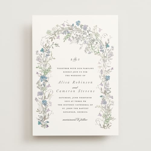 This is a denim wedding invitations with standard by Lori Wemple called flowering arch printing on signature in standard