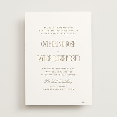 This is a golden wedding invitations with standard by Kelly Schmidt called formal minimalist printing on signature in standard