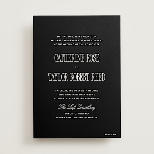 This is a midnight wedding invitations with standard by Kelly Schmidt called formal minimalist printing on signature in standard