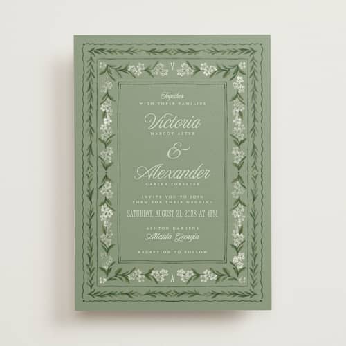 This is a sage wedding invitations with standard by Jenna Holcomb called vintage sketched printing on signature in standard