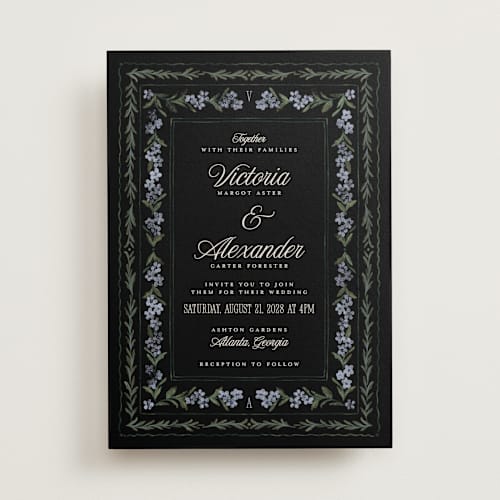 This is a midnight wedding invitations with standard by Jenna Holcomb called vintage sketched printing on signature in standard