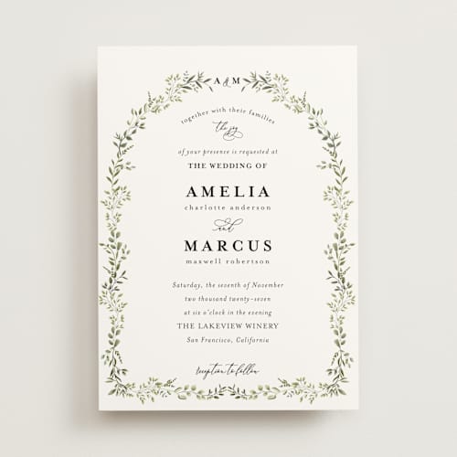 This is a sage wedding invitations with standard by Susan Moyal called monogramed arch printing on signature in standard