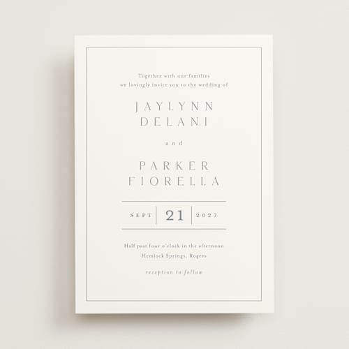 This is a dusty blue wedding invitations with standard by Stacey Meacham called warm affection printing on signature in standard