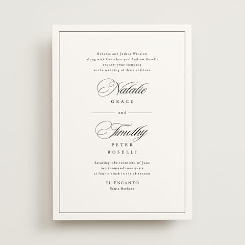 This is a noir wedding invitations with standard by Kimberly FitzSimons called sincerity printing on signature in standard