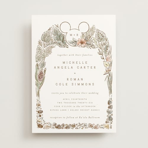 This is a earth wedding invitations with standard by Shiny Penny Studio called disney's mickey mouse tropical frame printing on signature in standard