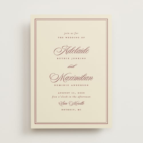 This is a burgundy wedding invitations with standard by Ellen Schlegelmilch called museo printing on signature in standard