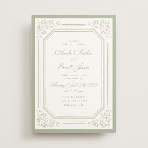 This is a sage wedding invitations with standard by Robert and Stella called constance printing on signature in standard
