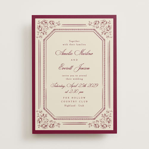 This is a plum wedding invitations with standard by Robert and Stella called constance printing on signature in standard