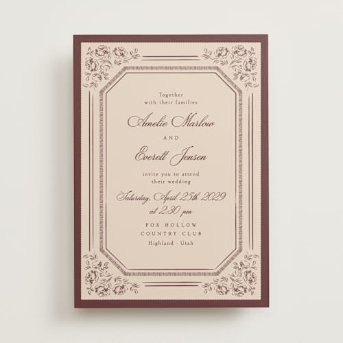 This is a cocoa wedding invitations with standard by Robert and Stella called constance printing on signature in standard