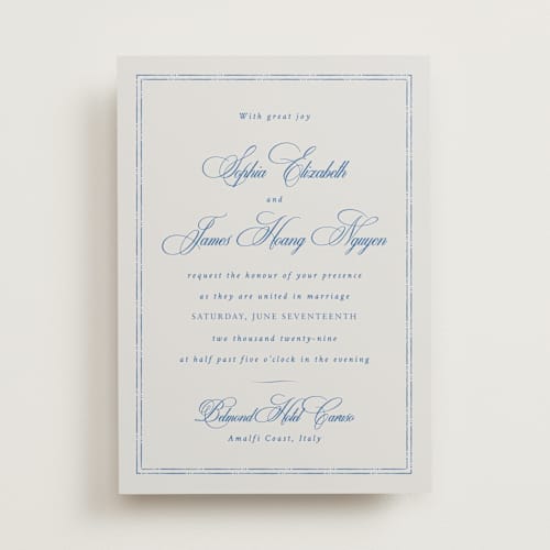 This is a blue mist wedding invitations with standard by Design Lotus called amalfi blue printing on signature in standard