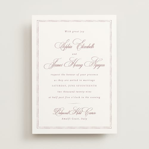 This is a dusty rose wedding invitations with standard by Design Lotus called amalfi blue printing on signature in standard