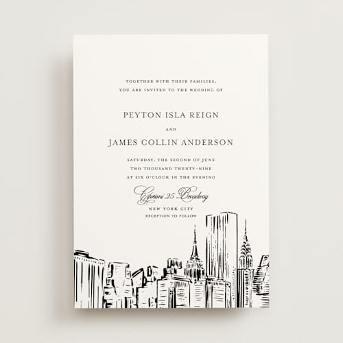 This is a noir wedding invitations with standard by Melinda Denison called new york skyline printing on signature in standard