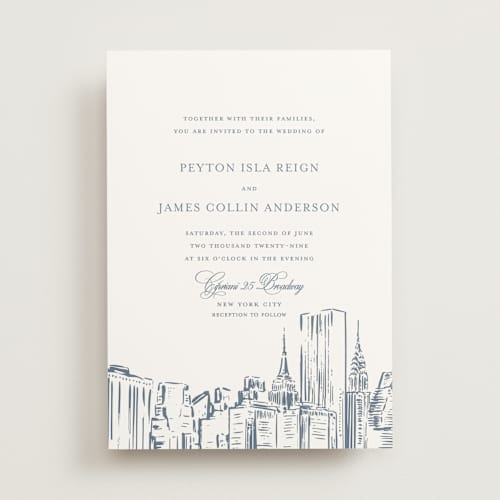 This is a provincial blue wedding invitations with standard by Melinda Denison called new york skyline printing on signature in standard