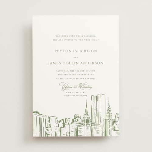 This is a sage wedding invitations with standard by Melinda Denison called new york skyline printing on signature in standard