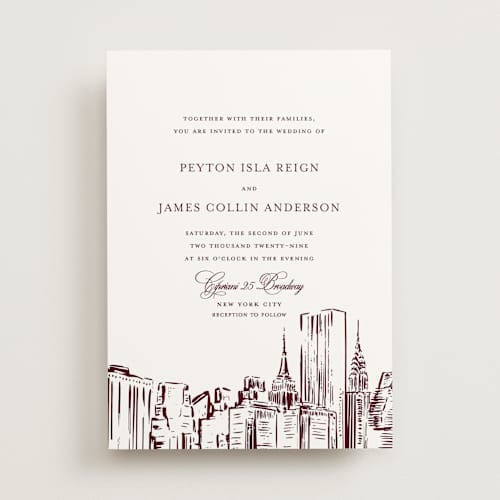 This is a burgundy wedding invitations with standard by Melinda Denison called new york skyline printing on signature in standard
